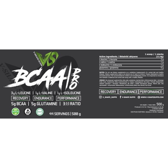V-SHAPE SUPPS BCAA PRO 3:1:1 + L-Glutamine 500 g / 44 дози на изгодни цени V-SHAPE SUPPS BCAA PRO 3:1:1 + L-Glutamine 500 g / 44 дози на супер цена Аминокиселини