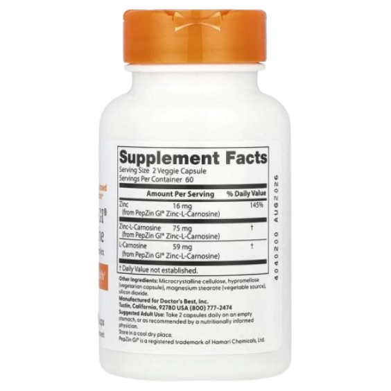 Doctor's Best Zinc-Carnosine Complex with PepZin GL 120 капсули на супер цена Калций, Магнезий, Цинк