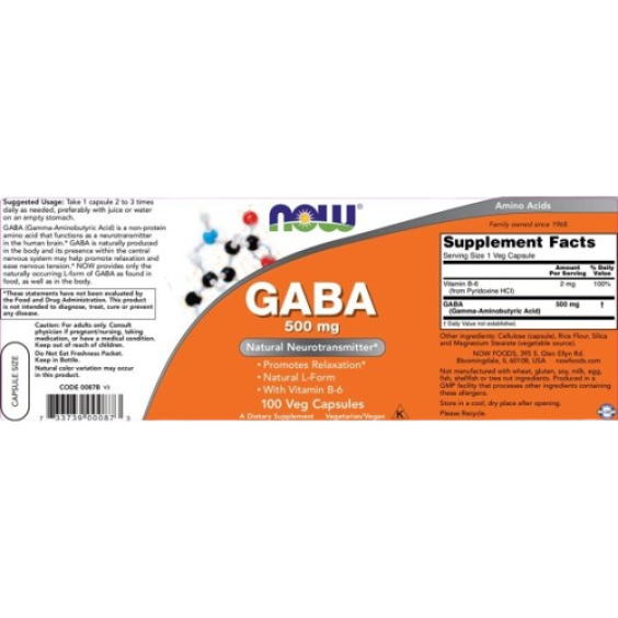 NOW GABA + B-6 / 500 мг / 100 капсули на изгодни цени NOW GABA + B-6 / 500 мг / 100 капсули на супер цена Стимулатори на хормон на растежа