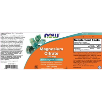 NOW Magnesium Citrate 200mg. / 100 Tabs на супер цена Калций, Магнезий, Цинк