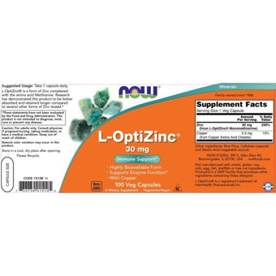 NOW L-Opti Zinc 30 мг / 100 капсули на изгодни цени NOW L-Opti Zinc 30 мг / 100 капсули на супер цена Цинк