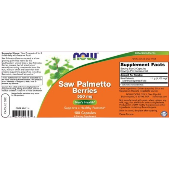 NOW Saw Palmetto 550 мг / 100 капсули на супер цена Хранителни добавки за простатата
