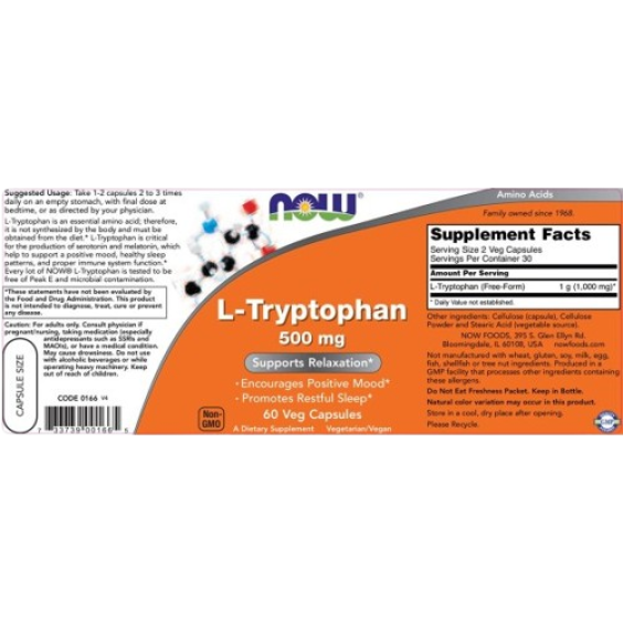 NOW L-Tryptophan 500 mg / 60 Caps на супер цена Хранителни добавки за сън