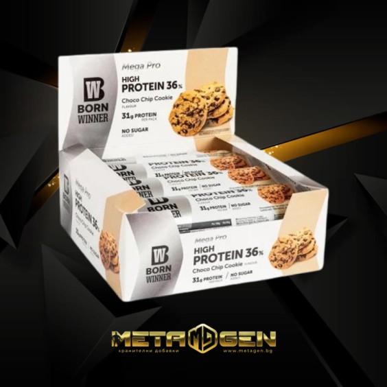 BORN WINNER Mega Pro High Protein Bar 36% Choco Chip Cookie 12x85 гр на изгодни цени BORN WINNER Mega Pro High Protein Bar 36% Choco Chip Cookie 12x85 гр на супер цена Протеинови барове