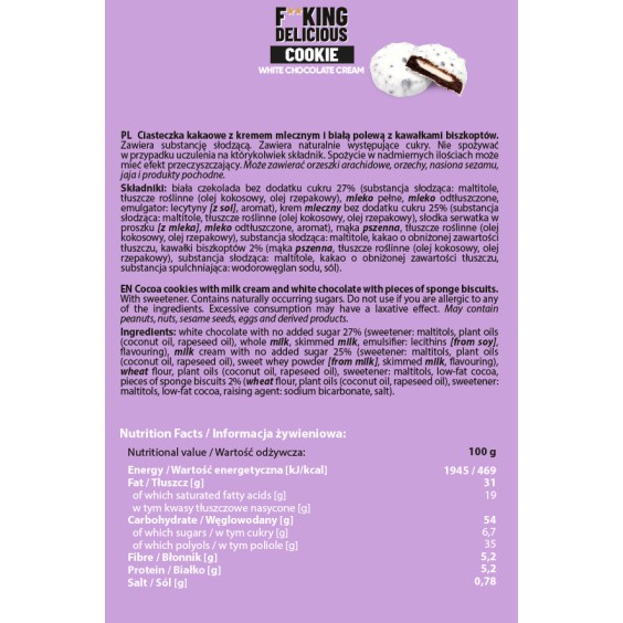 Allnutrition F**King Delicious Cookie - White Chocolate Cream - Диетичен Десерт 128 гр на изгодни цени Allnutrition F**King Delicious Cookie - White Chocolate Cream - Диетичен Десерт 128 гр на супер цена Барове с малко захар