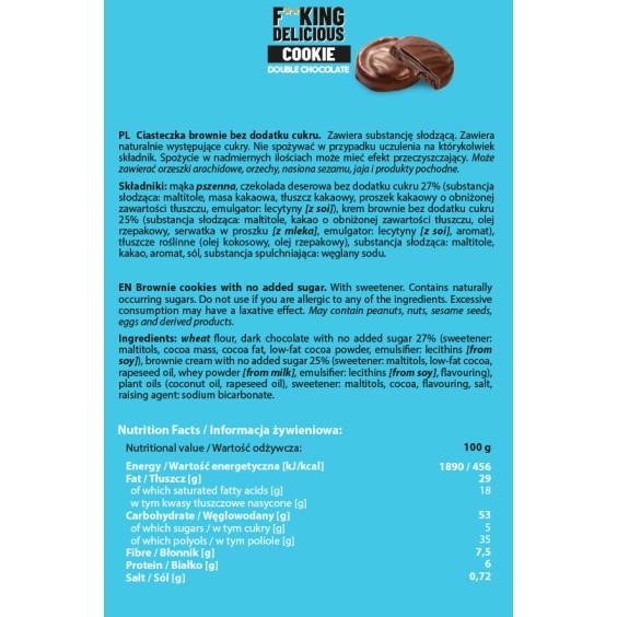 Allnutrition F**King Delicious Cookie - Double Chocolate - Диетичен Десерт 128 гр на изгодни цени Allnutrition F**King Delicious Cookie - Double Chocolate - Диетичен Десерт 128 гр на супер цена Барове с малко захар