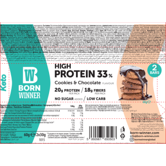 BORN WINNER Keto High Protein bar 33% Cookies & Chocolate 12x60 гр на супер цена Протеинови барове