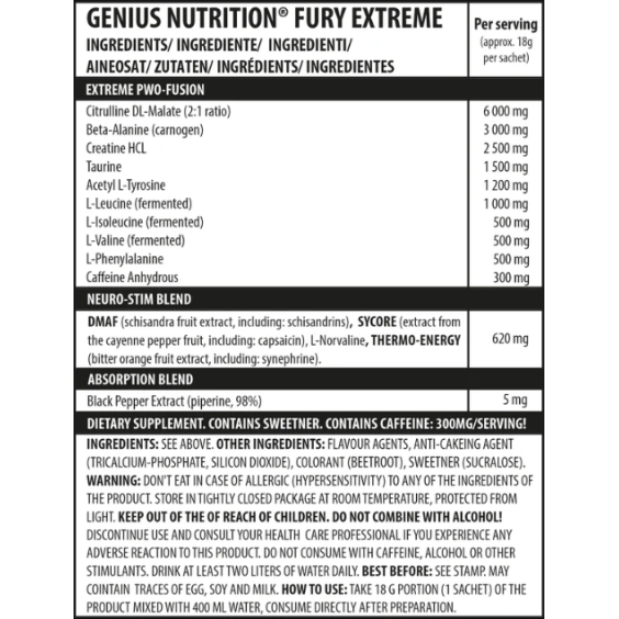 Genius Nutrition FURY EXTREME 18g/1 serv на изгодни цени Genius Nutrition FURY EXTREME 18g/1 serv на супер цена Азотни бустери / напомпващи