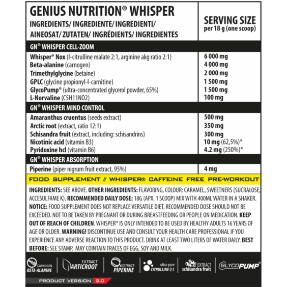 Genius Nutrition WHISPER Caffeine Free 400g / 22 serv на изгодни цени Genius Nutrition WHISPER Caffeine Free 400g / 22 serv на супер цена Азотни бустери / напомпващи