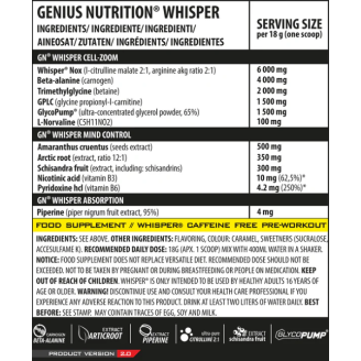 Genius Nutrition WHISPER 18g/1 serv на супер цена Азотни бустери / напомпващи