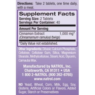 Natrol Cinnamon Extract 1000 мг / 80 таблетки на супер цена Добавки на растителна и билкова основа