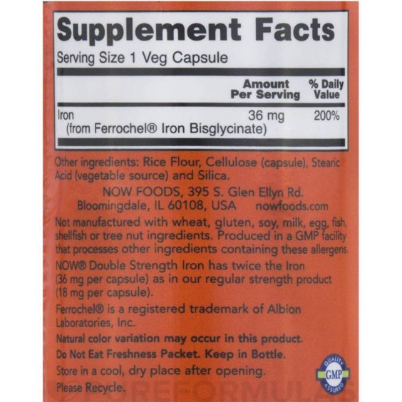 NOW Iron 36 мг / Double Strength / Ferrochel Iron Bisglycinate 90 капсули на изгодни цени NOW Iron 36 мг / Double Strength / Ferrochel Iron Bisglycinate 90 капсули на супер цена Желязо