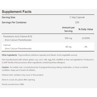 NOW Pantothenic Acid 500mg. / 100 Caps. на супер цена Витамин B