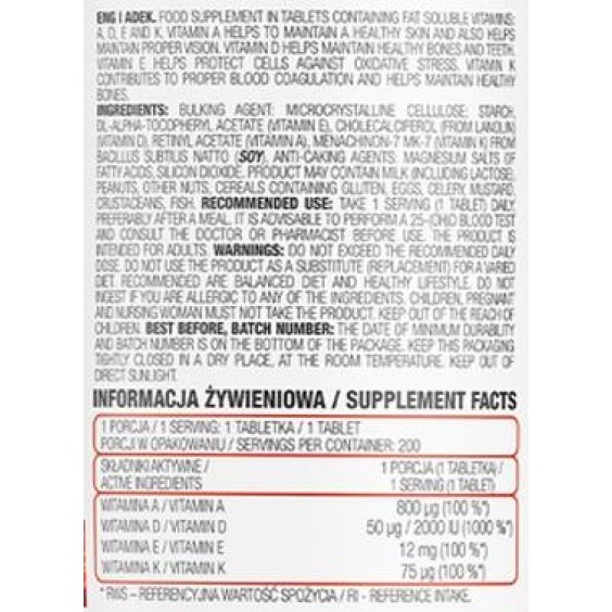 OstroVit PHARMA ADEK / Vitamin A + D + E + K / 200 таблетки на изгодни цени OstroVit PHARMA ADEK / Vitamin A + D + E + K / 200 таблетки на супер цена Витамини от А до Я
