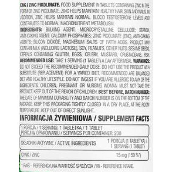 OstroVit PHARMA Zinc Picolinate 15 мг / Limited Edition / 200 таблетки на супер цена Калций, Магнезий, Цинк