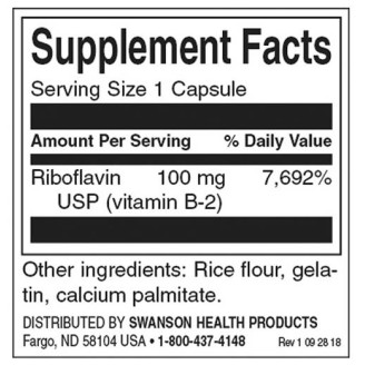 Swanson Vitamin B-2 / Riboflavin 100 мг / 100 капсули на супер цена Витамин B