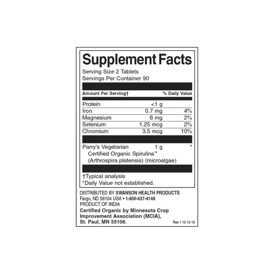 Swanson 100% Certified Organic Spirulina 500 мг / 180 таблетки на супер цена Добавки на растителна и билкова основа
