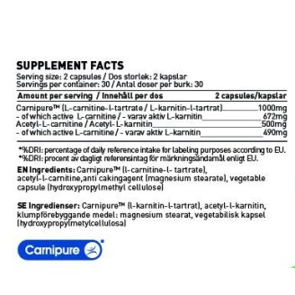 SWEDISH SUPPLEMENTS L-Carnitine Forte / Carnipure® + Acetyl / 60 Caps на супер цена Изгаряне на мазнини