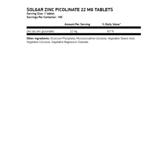 Solgar Zinc Picolinate 22 Mg, 100 tab на изгодни цени Solgar Zinc Picolinate 22 Mg, 100 tab на супер цена Калций, Магнезий, Цинк